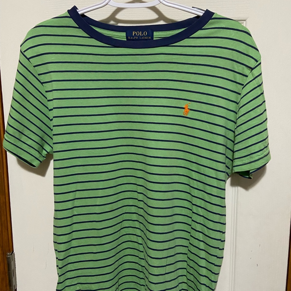 Boys Polo green shirt with navy stripes size large 14/16. New. No tags.
